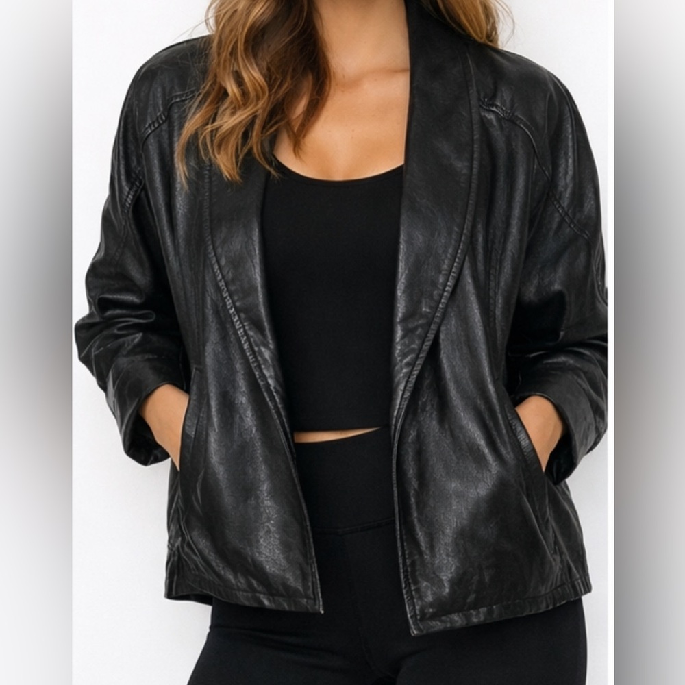 Vakko vintage real cowhide Women's Shiny Black Leather Jacket Moto oversized xs
